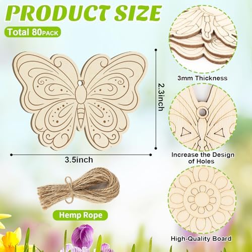 Sophena 80PCS Wooden Spring Ornaments to Paint, 8 Styles DIY Blank Unfinished Wood Insect Cutouts Ornament for Crafts Hanging Decorations, Dragonfly Butterfly Flower Shape Home Decorations Gifts