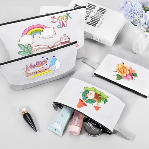 10 Pieces Cotton Canvas Makeup Bag with Bottom and Strap, Multi-Purpose Cosmetic Bag with Zipper Travel Toiletry Pouch, Blank DIY Craft Bag (White&Grey, S)