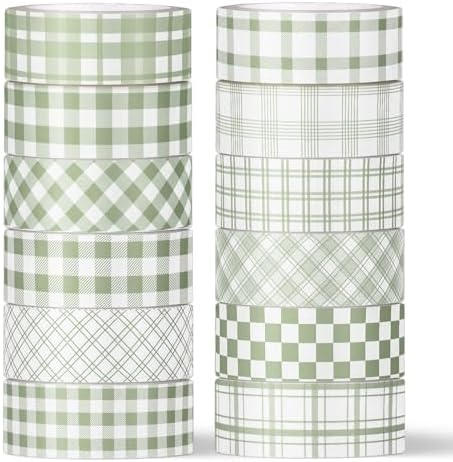 Whaline 12 Rolls Sage Green Plaid Washi Tape Masking Tape Set Pastel Green Gingham Decorative Wrapping Paper Tapes Boxed for Wedding Scrapbook Journal DIY Crafts