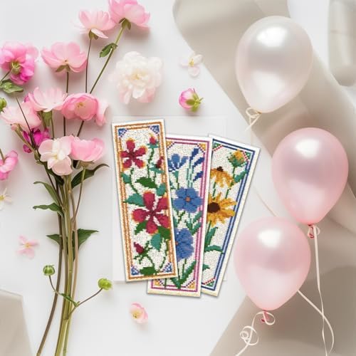 ORIGACH 6 Pcs Flower Cross Stitch Bookmark Kit for Beginner with Backing Felt Floss Instruction Sunflowers Tulip DIY Stamped Embroidery Bookmark Kit for Starter Adults Book Lovers