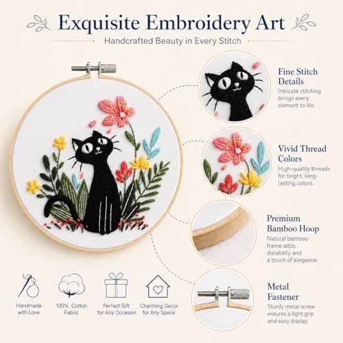 Thinas Embroidery Kit for Beginners Adults, 3 Pack Stamped Cat Cross Stitch Starter Set with Patterns & Video Tutorial, DIY Sewing Craft Supplies for Cat Lovers, Home Decor Gift Idea