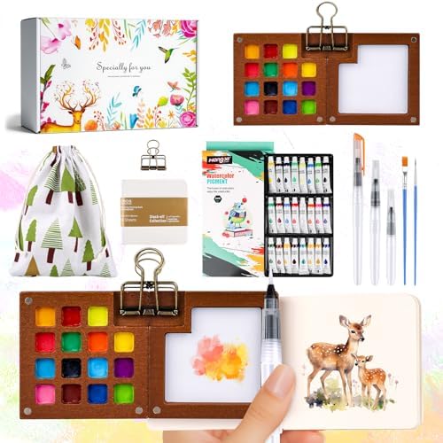 24 Colors Mini Watercolor Paint Set Portable Artist Travel Kit with Walnut Wood Palette 15 Grid Paint Wells Storage Pouch Metal Clip Sketchbook 5 Watercolor Brushes Pocket Palette Set