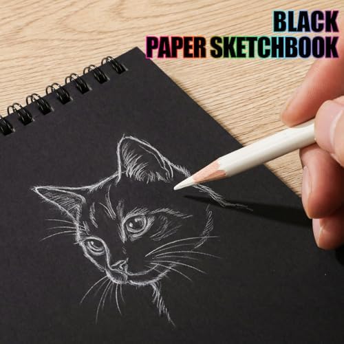 Black Paper Sketchbook 8 × 8 in, 30 Sheets, 160gsm Spiral Bound Drawing Pad | Acid-Free 98Lb Black Paper, Top Spiral, Tear-Off Pages, Hardcover, for Colored Pencil, Chalk & Metallic Markers