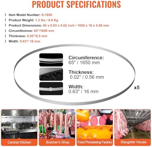 VEVOR Band Saw Blade, 65x0.6x0.02 inch, 5 PCS/Pack Meat Bandsaw Blades for Replacement, 65Mn Carbon Steel Blade, 3 TPI Meat Cutting Blade Wrapped by Rust-Proof Paper, for Commercial Bone Saw Machines