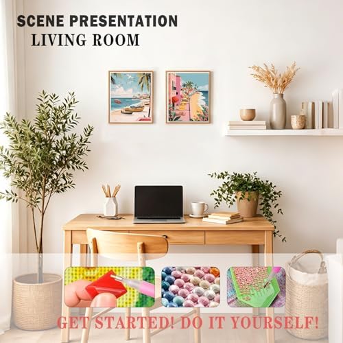 XUNLURY Retro Coastal Beach Diamond Art Kits 2 Pcs, Tropical Palm Tree Seaside Town Diamond Painting Kits for Adults Beginners, Full Drill Diamonds Dots for Home Decor, 9.8x11.8 Inch