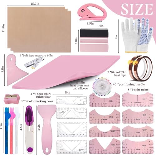 67 Pcs Sublimation Shirts Tool Kits for Vinyl Alignment,Heat Press Mat Pad Silicone,T-Shirt Rulers Guide and Teflon Sheet for Cricut Heat Press HTV Vinyl Center Designs,Craft Sewing Accessories