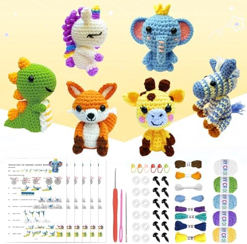 OLHKYN 6Pcs Crochet Kit for Beginners, 2026 DIY Craft for Adults, Great Gift for Crochet Lovers, Crocheting Animal Kits with Step by Step Videos,Yarn,Crochet Hook,Birthday Holiday Gift