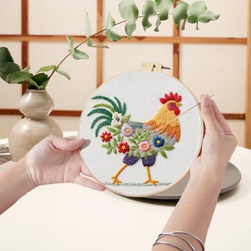 Ohcol Embroidery Kit Cross Stitch Kits Needle Point Kits Beginner Adults Needlepoint Kits with Rooster Pattern & Hoop