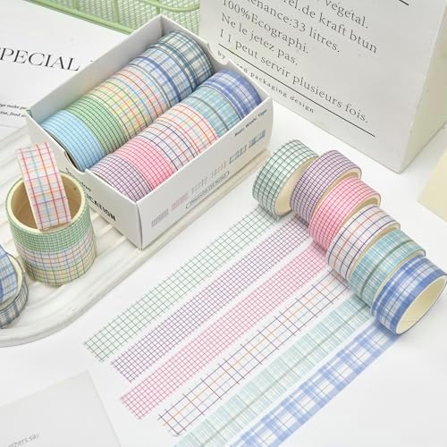 12 Rolls Grid Washi Tape Set Plaid Arts Adhesive Tapes Basic Patterns Decorative Masking Tape Sets for Craft, Kids, Scrapbook, DIY, Gift Wrapping (Style Three)