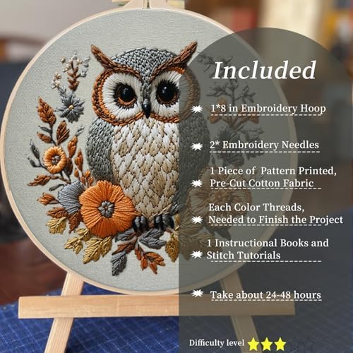 FONNUY Embroidery Kit for Beginners, Owl Flowers Pre-Stamped Pattern Kits for Adults with Hoop, Easy to Follow Color Thread Needlework, 8'' Hoop (Blue)