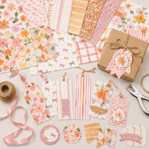 24 Sheets Orange Floral Scrapbook Paper, 12x12 Double Sided Craft Paper Pad