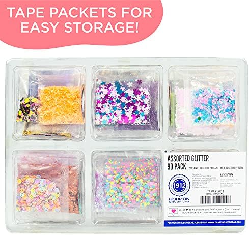 Horizon Group USA Assorted Glitter Pack - 90 Pieces, Fine, Neon, Shapes, Foil & More, Great For Resin, Arts & Crafts, DIY & School Supplies