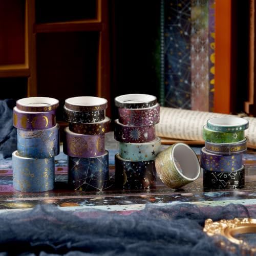 Galaxy Washi Tape Set - 20 Rolls Vast Universe Gold Foil Adhesive Tapes Star Arts Decorative Masking Tape Sets for Craft, Kids, Scrapbook, DIY, Gift Wrapping (3 Milky Way)