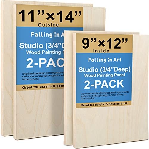 Falling in Art 4 Pack 11x14 & 9x12 Unfinished Birch Wood Canvas Panels Kit | Studio 3/4’’ Deep Cradle Boards for Painting, Pouring, Burning, Crafts, Epoxy Resin, Laser Engraving Cutting