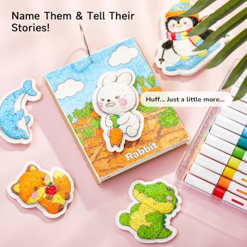 Shuttle Art 63 Pcs Magic Foam Texture Painting Kit Animal Series: 15 Animal Foam Pieces, Coloring Book with 15 Scenes, 12 Acrylic Paint Markers, Magical 3D Effect DIY Art Craft