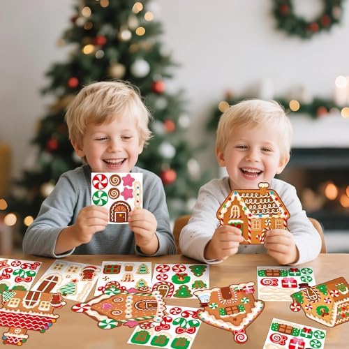 Haooryx DIY Christmas Gingerbread Magnet Craft Kit - 30Set Make Your Own Christmas Gingerbread House Decoration Sticker Paper Craft for Kid School Art Project Refrigerator Bulletin Board Holiday Decor