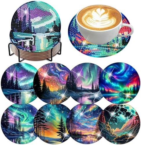 ijbnhd 8 Pcs Aurora Diamond Art Coasters Kits Landscape 4x4 inch