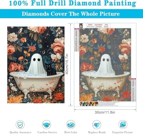 RYMILIE Halloween Diamond Art Kits for Adults Bathtub Ghost 12x16inch | 5D Flowers Diamond Painting Kit for Beginners, DIY Full Round Drill Black Cat Gem Art Crafts for Home Wall Decor Gift
