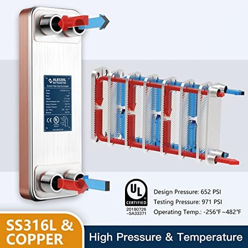 ALECOIL 4"x12"-10 Plates Heat Exchanger with 1" MPT Port Water to Water 316L Stainless Steel Brazed Plate Heat Exchanger for Water Heating, Floor Heating, Industrial and Commercial Refrigeration