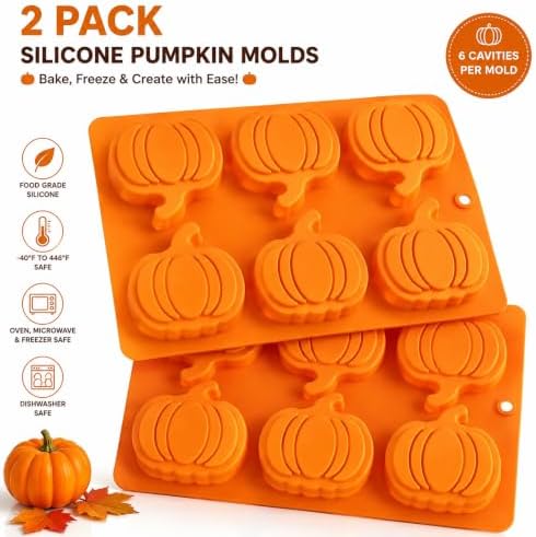 2 Pack 6-Cavity Pumpkin Silicone chocolate Molds, Fall Baking Molds