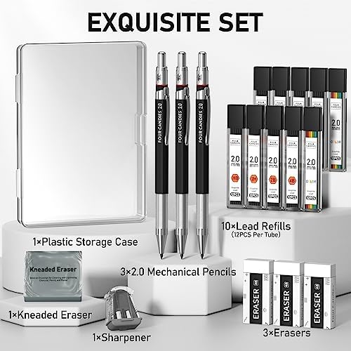 Four Candies 19 Pack 2mm Mechanical Pencil Set with Case, 120 Lead Refills