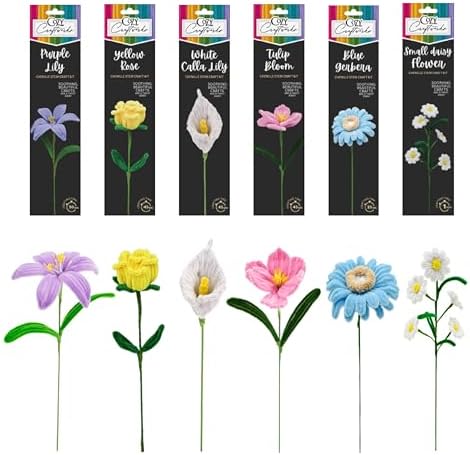 WeVeel Chenille Stem Flower Craft Kit for Adults – Create 6 Colorful Blooms (Lily, Rose, Calla Lily, Tulip, Gerbera & Daisy) – Relaxing DIY Arts & Crafts Kit with All Supplies