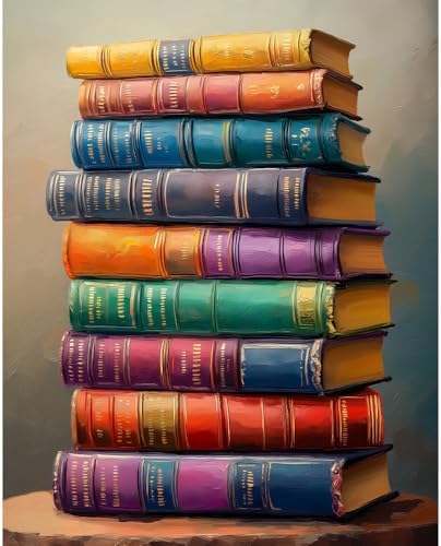 Natuyalo Paint by Numbers for Adults, Stacked Books Paint by Numbers Kit on Canvas for Beginners, Number Painting Set Art Craft Supplies, 3 Paintbrushes and Acrylic Paint 16x20 inch