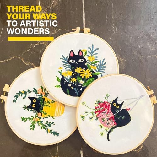 The ZenStore Embroidery Kit for Beginners – Black Cats & Kittens 3 Pattern Set – Complete DIY Needlepoint Kit with Hoops, Thread, Fabric, and Tools – Cute Animal Cat Embroidery Gift