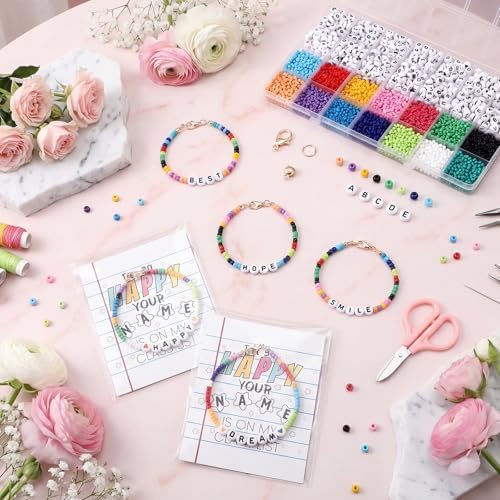 Tondiamo 4760 Pcs Back to School Gifts for Student Name 31 Set Bracelets Making Kit with Greeting Cards First Day of School DIY Adjustable Bead Bracelets Crafts for Teacher Students Party Favors Gifts