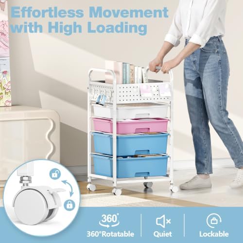 4 Drawer Rolling Storage Cart with Pegboard Top and Hooks, Pink&Blue