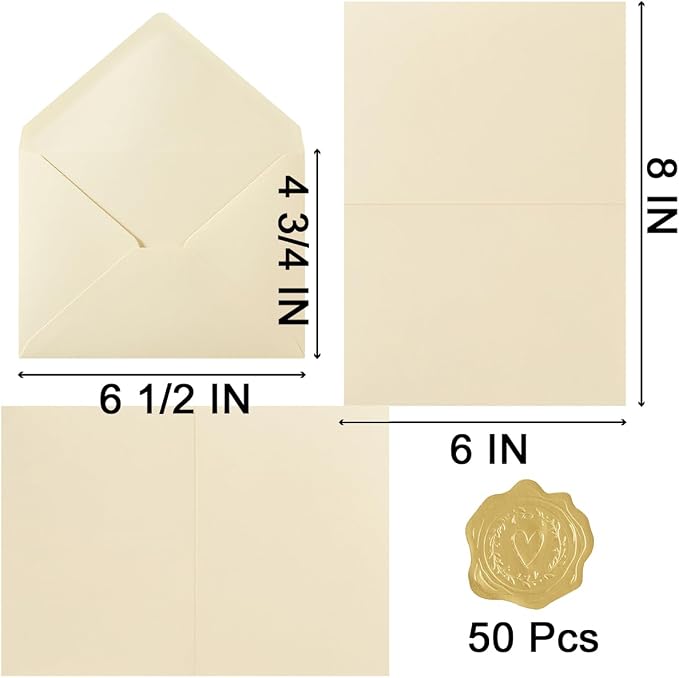 50 Pack Cream A6 Envelopes with Cards and Gold Stickers, 4x6