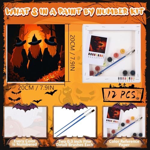 Nezyo 12 Pack Halloween Paint by Numbers Kit for Adults Beginner 8x8 Inch | Ghost Black Cat Witch Pattern, Paint by Number Frame Canvas, DIY Acrylic Easy Painting by Numbers for Home Wall Decor Party