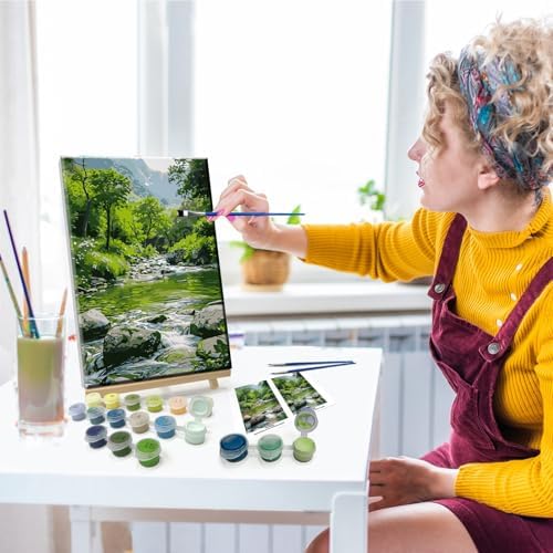 JOOZ Landscape Paint by Number Kit for Adults Beginner with Easel Mountain Adult Paint by Number Kits on Canvas with Frame Forest DIY Oil Painting Kits for Gift Home Wall Decor 7.87x11.81 Inch