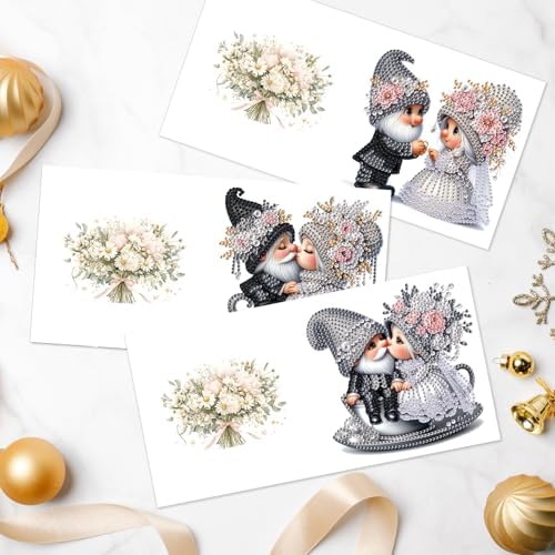AiYuanzsh Set of 6 Gnome Diamond Painting Greeting Cards – 5D DIY Craft Kits for Handmade Bride and Groom Cards, Perfect for Wedding Gifts and Anniversaries