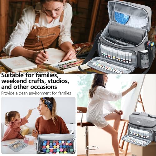 Acrylic Paint and Brush Set Organizer Bag - Carrying Case Compatible with Apple Barrel, Shuttle Art, Caliart Art Supplies - Includes Detachable Paint Brush Holder - for Home/Travel/Outdoor (Pro Gray)