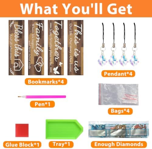 Mandun 4 Pcs Diamond Painting Bookmark Kits, Special Shaped Diamond Art Bookmarks with Pendant, DIY Inspirational Diamond Art Bookmarks with Tassels Crafts Gifts Supplies