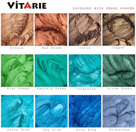 VITARIE Mica Powder for Lip Gloss, Skin, Nails, Soap Making, Bath Bombs, Epoxy Resin, Art Crafts, 24 Colors(0.11oz) Each, Neat Jar Set