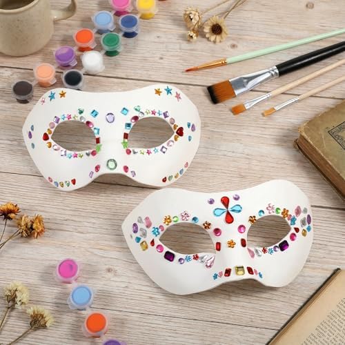 24 Pack Paper Mache Art Mask White Paper Mask Half Face Masquerade Masks DIY White Craft Masquerade Masks and Gem Stickers Cosplay Party Halloween DIY Blank Mardi Gras