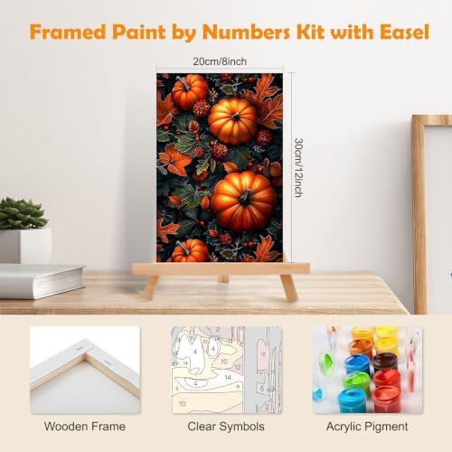 MOGTAA Fall Pumpkin Paint by Numbers Kit for Adults Beginners with Frame, Autumn Adult Paint by Number Kits on Canvas with Easel, Easy DIY Halloween Oil Painting Kits for Home Decor, 8x12in