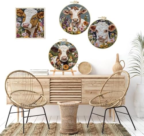 LB 4 Pack Farmhouse Cow Embroidery Kit for Beginners Rustic Floral Plant Beginner Embroidery Kit for Adults DIY Starter Kit with Embroidery Hoop Colorful Threads Tools and Instructions