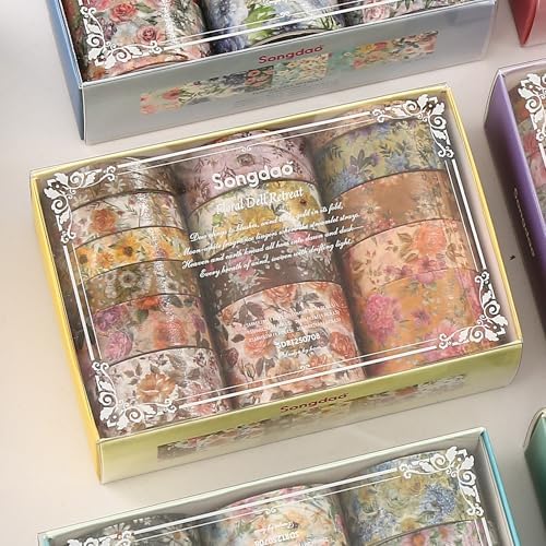 Floral Washi Tape Set - 15 Rolls Flowers Arts Adhesive Tapes Garden Blooms Decorative Masking Tape Sets for Craft, Kids, Scrapbook, DIY, Gift Wrloapping (3-Autumn Petals)