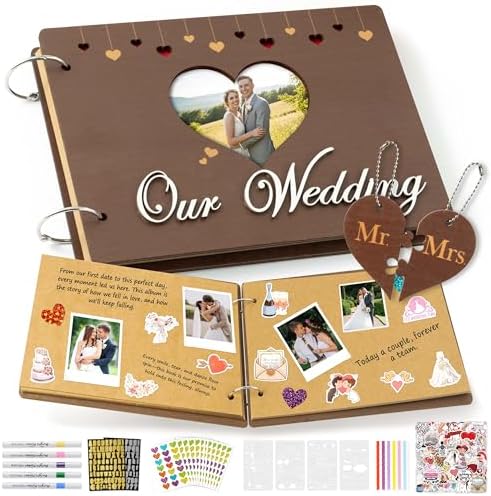 CY2SIDE Our Wedding Scrapbook Album - 111PCS DIY Wooden Memory Photo Book Craft Kit with Stickers Markers Stencils Photo Corner Mr & Mrs Ornament, Picture Journal Gift for Bridal Wedding Anniversary