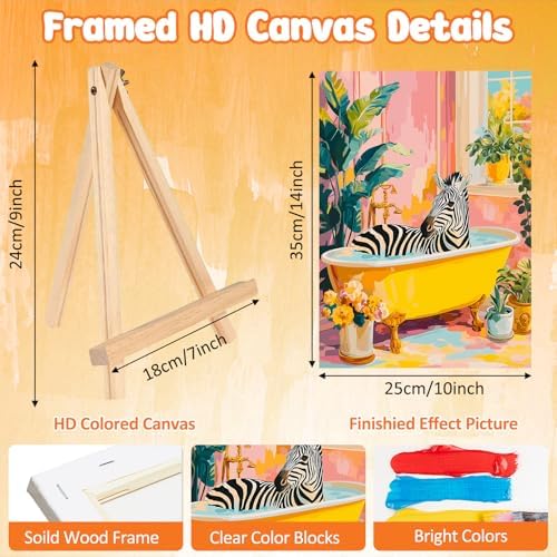 MAXBYE Framed Paint by Numbers Kit for Adults, Zebra in Bathtub Canvas Painting by Number with Wooden Easel, DIY Acrylic Craft Art Kits with Tools for Beginners Gift Home Wall Decor 10×14 in