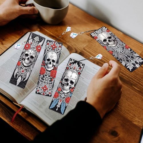 4 Pcs DIY 5D Diamond Painting Bookmark Kit - Special Shaped Crystal Rhinestones, Rose Skull Diamond Art Bookmarks with Crystal Pendant Tassels, Handmade Decorative Bookmarks Gift Set for Book Lovers