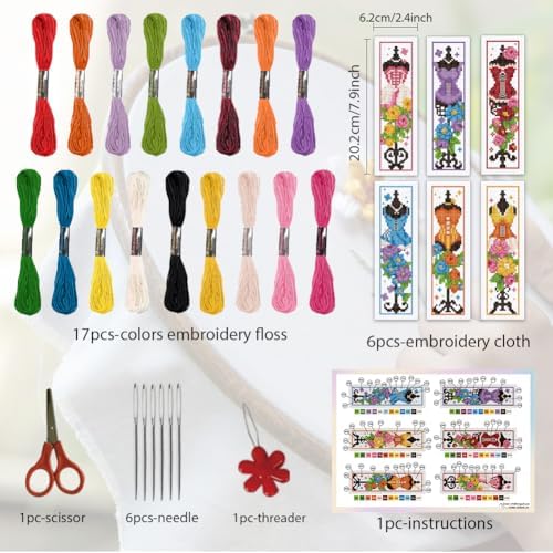 ORIGACH 6 Set Mannequin with Flowers Cross Stitch Bookmark Kit for Beginner