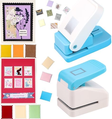 2 Pcs Stamp Paper Punch, 1X0.8inch & 1.1X0.9 inch Embossing Postage Stamp Shape Puncher, Lever Craft Hole Punches for Crafting DIY Scrapbooking Projects