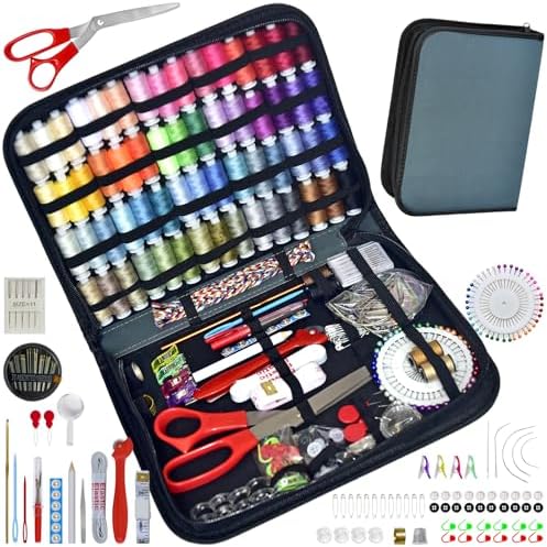 Sewing Kit with Case Portable Sewing Supplies for Home Traveler, Adults, Beginner, Emergency, Contains 60 Sewing Thread, Scissors, Needles, Measure etc（Dark Blue Green，XL)