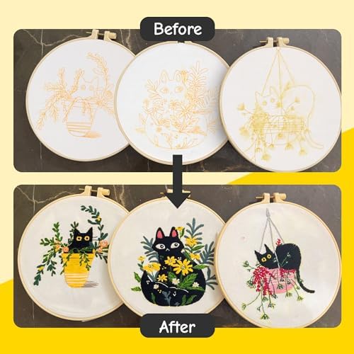 The ZenStore Embroidery Kit for Beginners – Black Cats & Kittens 3 Pattern Set – Complete DIY Needlepoint Kit with Hoops, Thread, Fabric, and Tools – Cute Animal Cat Embroidery Gift