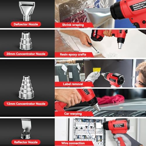 Cordless Heat Gun for Milwaukee 18V Battery, 350W 1022°F (550°C) Soldering Heat, Variable Temperature Control Hot Air Gun Kit with 4 Nozzles and Scraper, for Shrink Tubing, PVC Wrap(NO Battery)