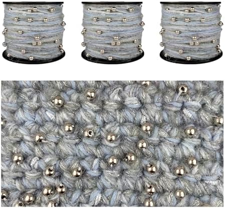 Artisanal Yarn Collection Multifiber Fancy Yarn with Silver Beads for Knitting Crocheting Crafts DIY, Set of 3 Rolls (Dusty Blue & Silver Beads)